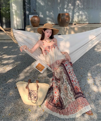 Boho Tie-Back Retro Ethnic Maxi Dress Loose Style Spaghetti Strap Long Dress AP0708