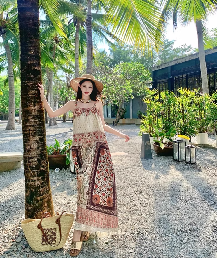 Boho Tie-Back Retro Ethnic Maxi Dress Loose Style Spaghetti Strap Long Dress AP0708