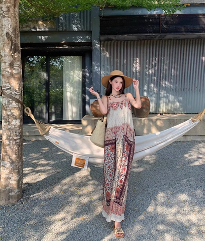 Boho Tie-Back Retro Ethnic Maxi Dress Loose Style Spaghetti Strap Long Dress AP0708