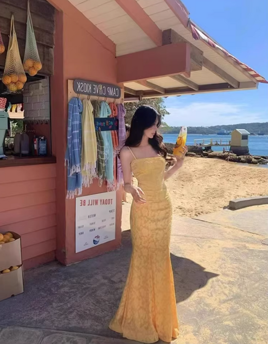 Photo-Ready Dopamine Waist-Cinched Mermaid Dress Tie-Back Spaghetti Strap Long Dress AP0709