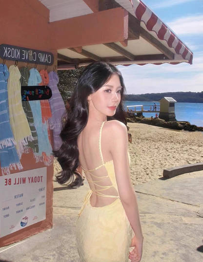 Photo-Ready Dopamine Waist-Cinched Mermaid Dress Tie-Back Spaghetti Strap Long Dress AP0709