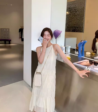 Elegant Soft Fabric Simple Design Midi Dress Breathable Halter Long Dress AP0710