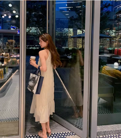 Elegant Soft Fabric Simple Design Midi Dress Breathable Halter Long Dress AP0710