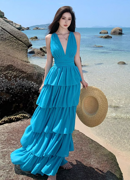 Dopamine Ruffled Layered Hem Tie-Back Maxi Dress Fairycore Waist-Cinched Halter Long Dress AP0711