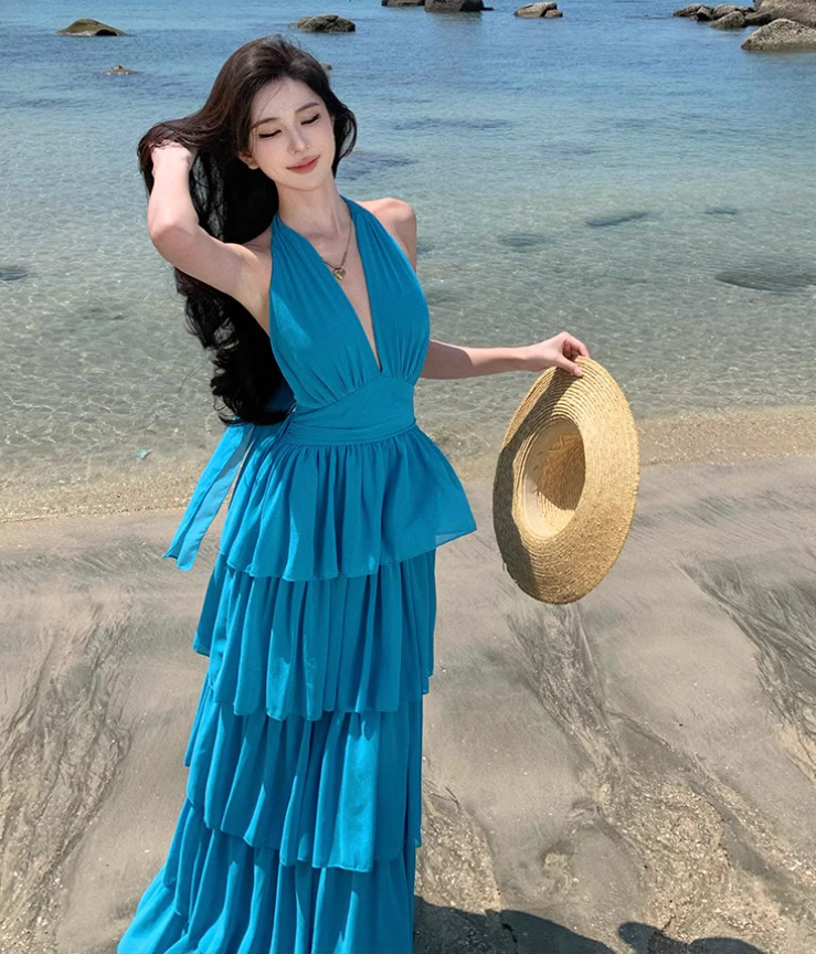 Dopamine Ruffled Layered Hem Tie-Back Maxi Dress Fairycore Waist-Cinched Halter Long Dress AP0711