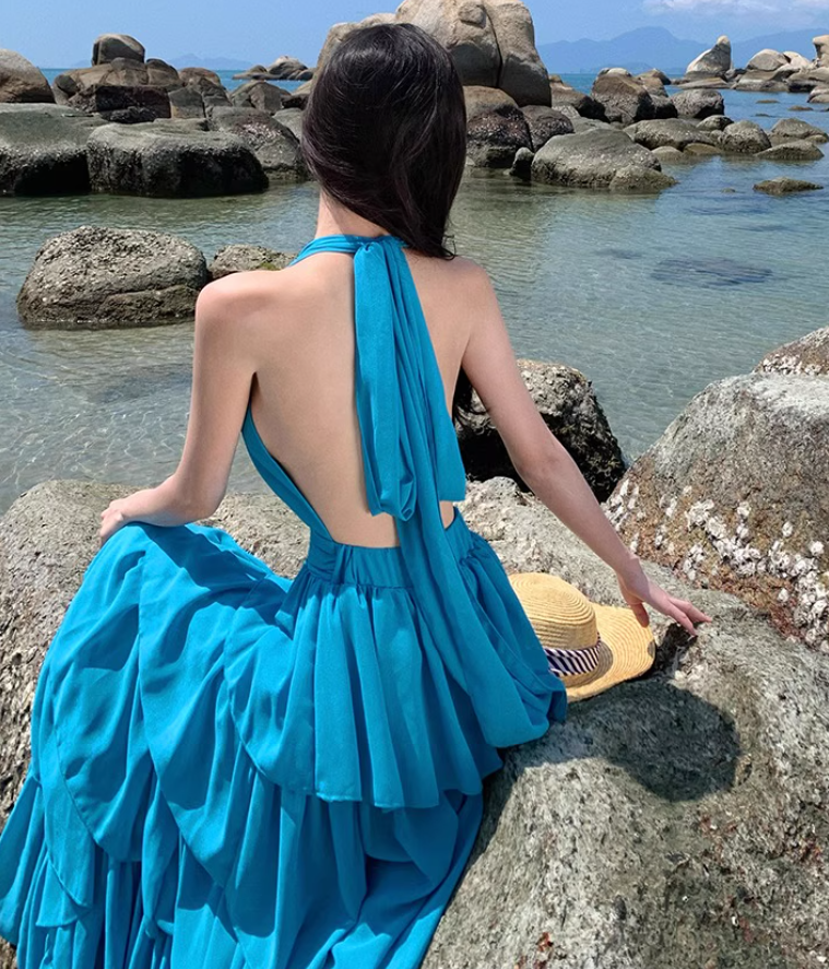 Dopamine Ruffled Layered Hem Tie-Back Maxi Dress Fairycore Waist-Cinched Halter Long Dress AP0711