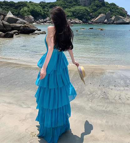 Dopamine Ruffled Layered Hem Tie-Back Maxi Dress Fairycore Waist-Cinched Halter Long Dress AP0711