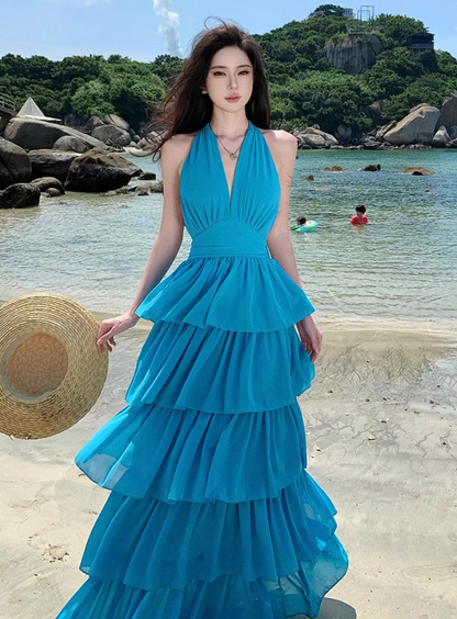 Dopamine Ruffled Layered Hem Tie-Back Maxi Dress Fairycore Waist-Cinched Halter Long Dress AP0711