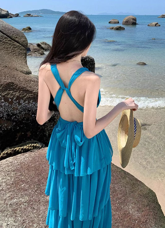 Dopamine Ruffled Layered Hem Tie-Back Maxi Dress Fairycore Waist-Cinched Halter Long Dress AP0711