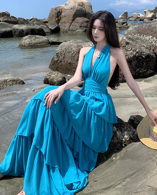 Dopamine Ruffled Layered Hem Tie-Back Maxi Dress Fairycore Waist-Cinched Halter Long Dress AP0711