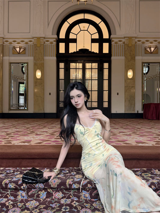 Floral Lace-Spliced Vibrant Mermaid Dress Spaghetti Strap Waist-Cinched Long Dress AP0712