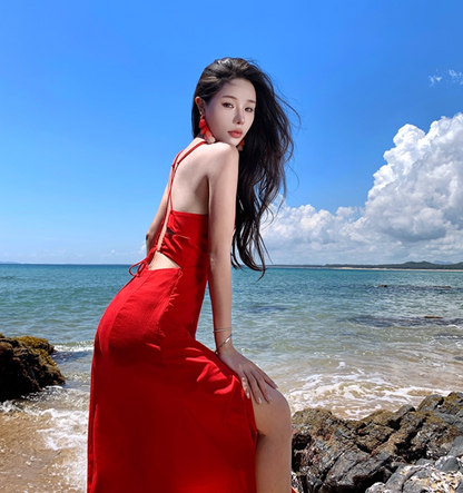 Island Vacation High-Slip Tie-Back Maxi Dress V-Neck Waist-Cinched Halter Long Dress AP0713