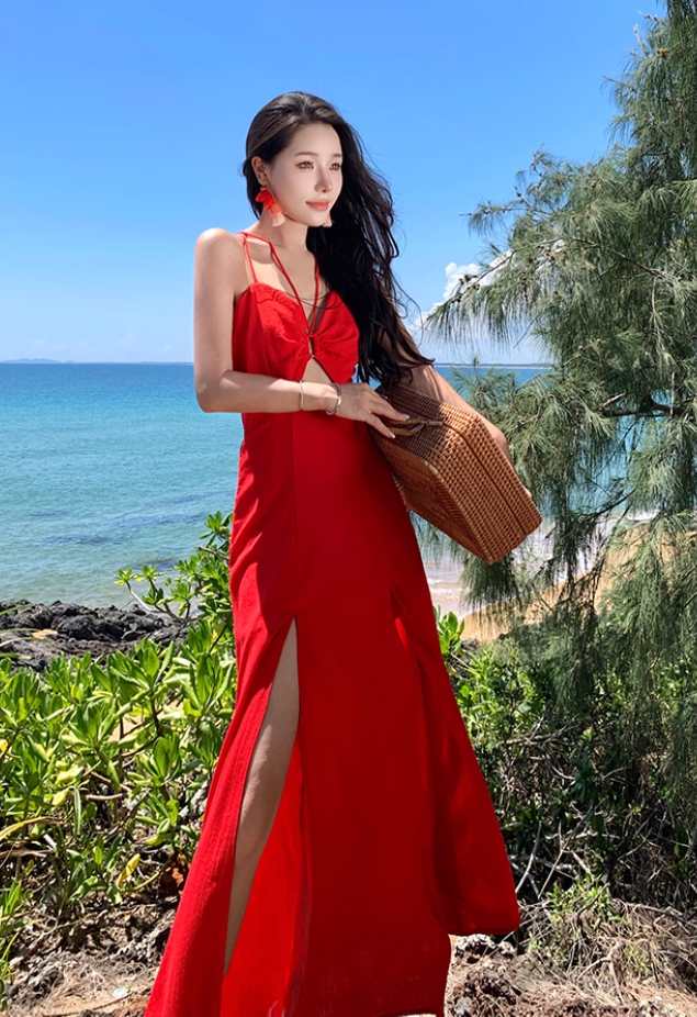 Island Vacation High-Slip Tie-Back Maxi Dress V-Neck Waist-Cinched Halter Long Dress AP0713