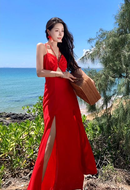 Island Vacation High-Slip Tie-Back Maxi Dress V-Neck Waist-Cinched Halter Long Dress AP0713