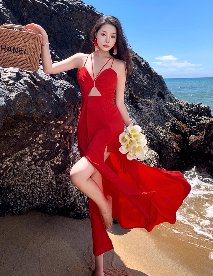 Island Vacation High-Slip Tie-Back Maxi Dress V-Neck Waist-Cinched Halter Long Dress AP0713