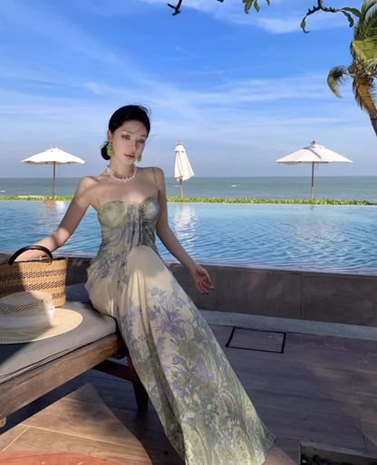 Luxury Breathable Waist-Cinched Maxi Dress Gathered Spaghetti Strap Long Dress AP0714