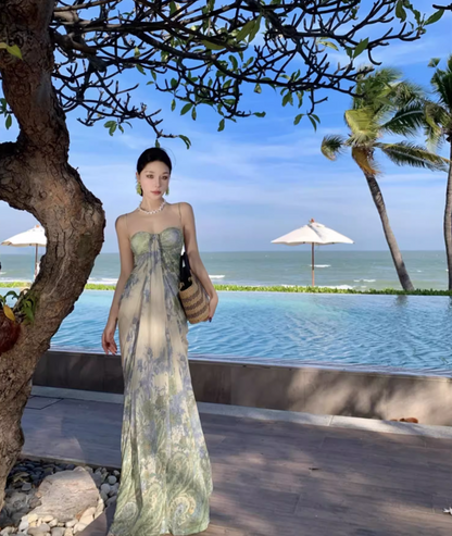 Luxury Breathable Waist-Cinched Maxi Dress Gathered Spaghetti Strap Long Dress AP0714