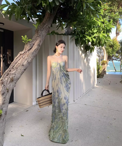 Luxury Breathable Waist-Cinched Maxi Dress Gathered Spaghetti Strap Long Dress AP0714