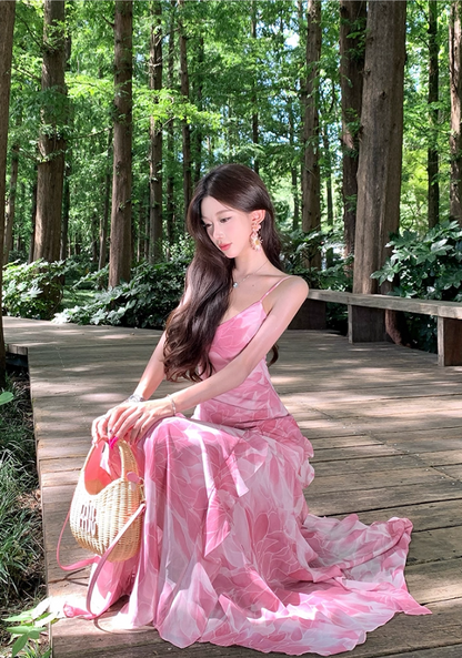 Romantic Island Vibes Waist-Cinched Maxi Dress Ruffled Spaghetti Strap Long Dress AP0715