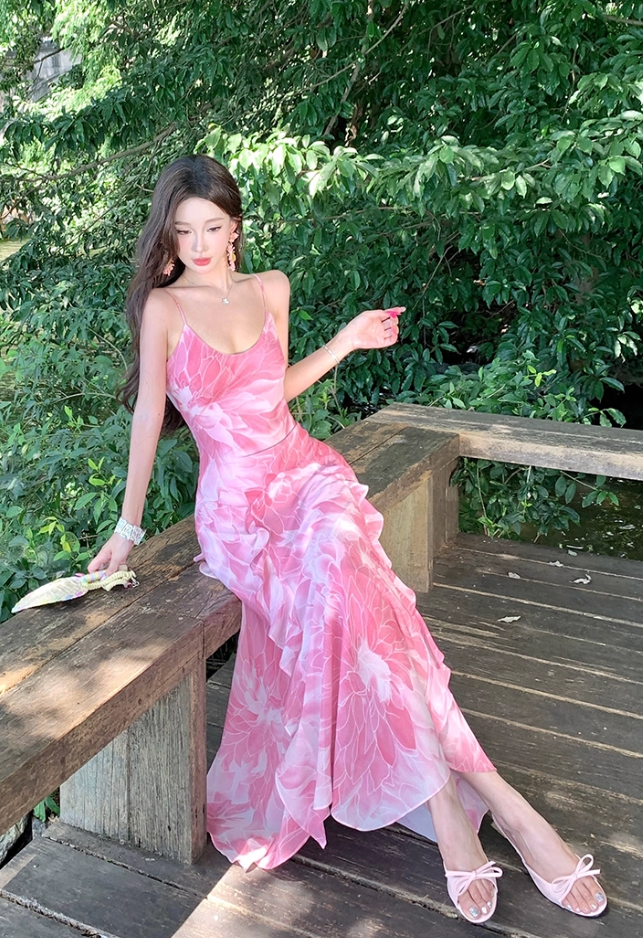 Romantic Island Vibes Waist-Cinched Maxi Dress Ruffled Spaghetti Strap Long Dress AP0715