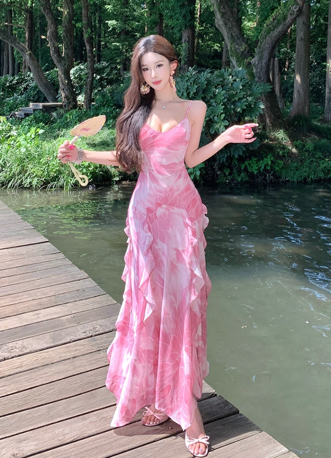 Romantic Island Vibes Waist-Cinched Maxi Dress Ruffled Spaghetti Strap Long Dress AP0715