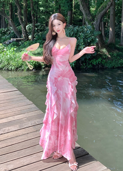 Romantic Island Vibes Waist-Cinched Maxi Dress Ruffled Spaghetti Strap Long Dress AP0715