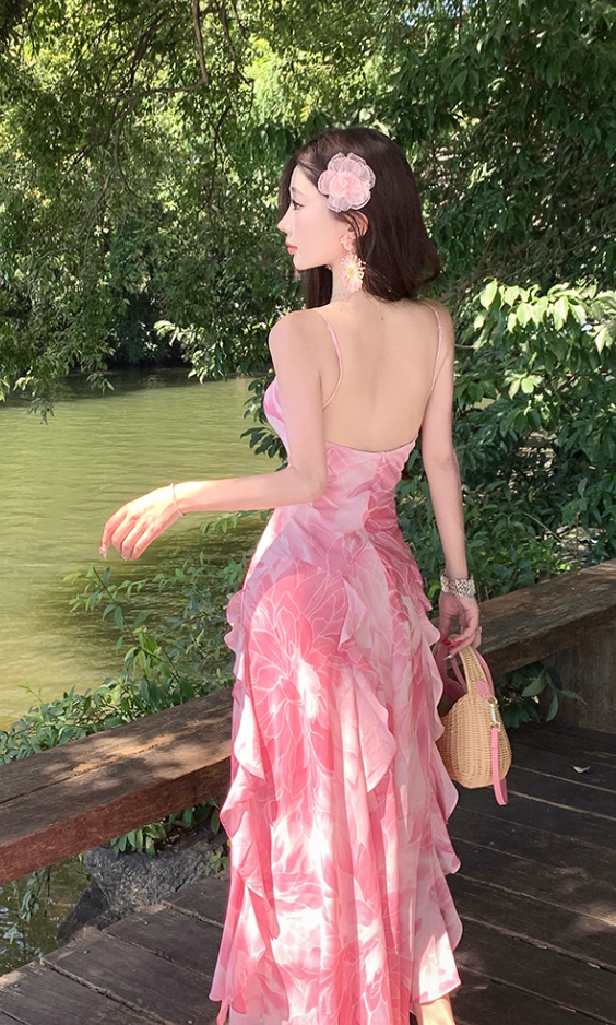 Romantic Island Vibes Waist-Cinched Maxi Dress Ruffled Spaghetti Strap Long Dress AP0715