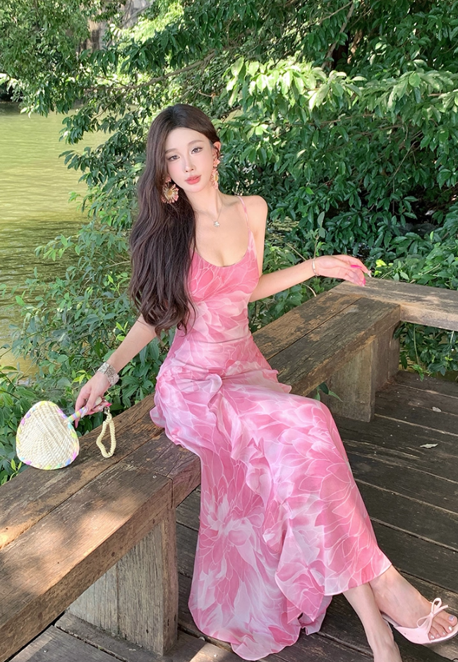 Romantic Island Vibes Waist-Cinched Maxi Dress Ruffled Spaghetti Strap Long Dress AP0715