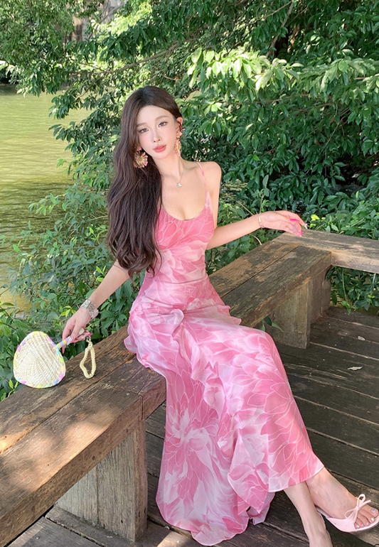 Romantic Island Vibes Waist-Cinched Maxi Dress Ruffled Spaghetti Strap Long Dress AP0715