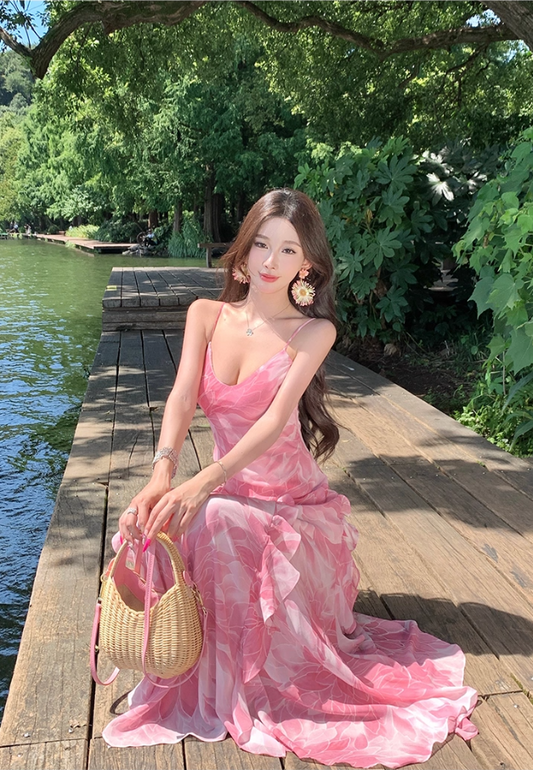 Romantic Island Vibes Waist-Cinched Maxi Dress Ruffled Spaghetti Strap Long Dress AP0715