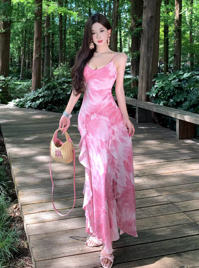 Romantic Island Vibes Waist-Cinched Maxi Dress Ruffled Spaghetti Strap Long Dress AP0715