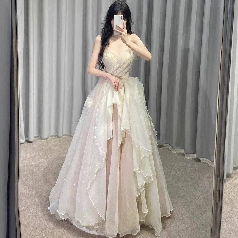 Asymmetrical Hem Tulle Ethereal Cascade Ruffles Maxi Dress Chic Strapless A-line Prom Dress AP0717