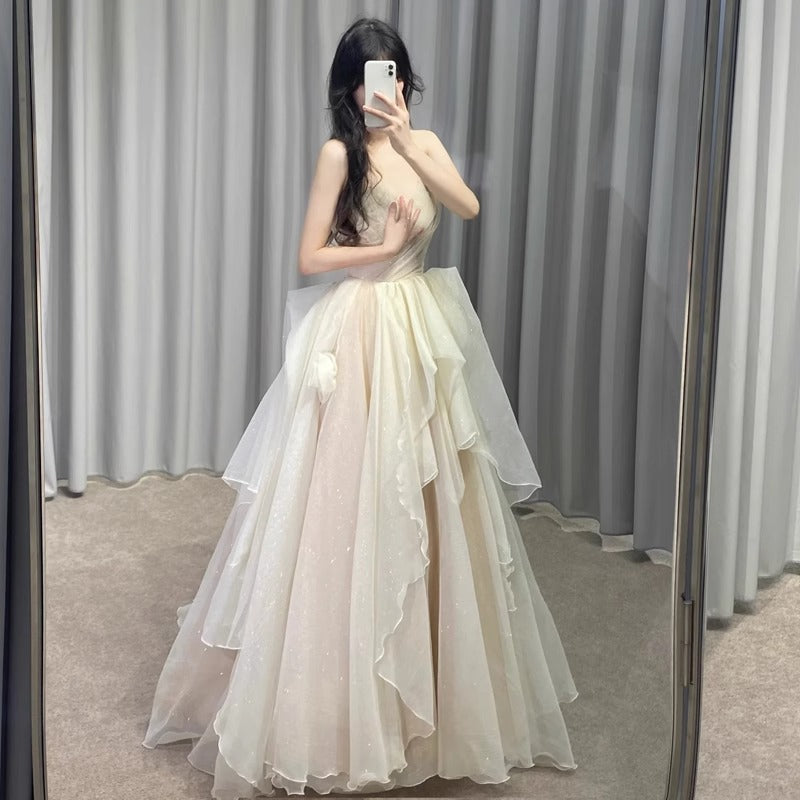 Asymmetrical Hem Tulle Ethereal Cascade Ruffles Maxi Dress Chic Strapless A-line Prom Dress AP0717