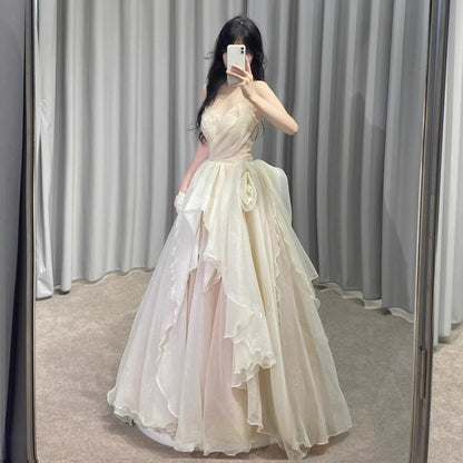 Asymmetrical Hem Tulle Ethereal Cascade Ruffles Maxi Dress Chic Strapless A-line Prom Dress AP0717