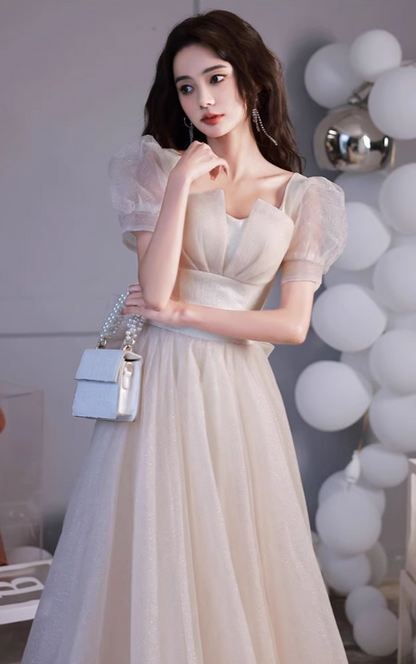 Luxury Cascade Tulle Hem Puff Mesh Sleeve Chic Sheen Fabric Bow-Knot Prom Long Dress AP0718
