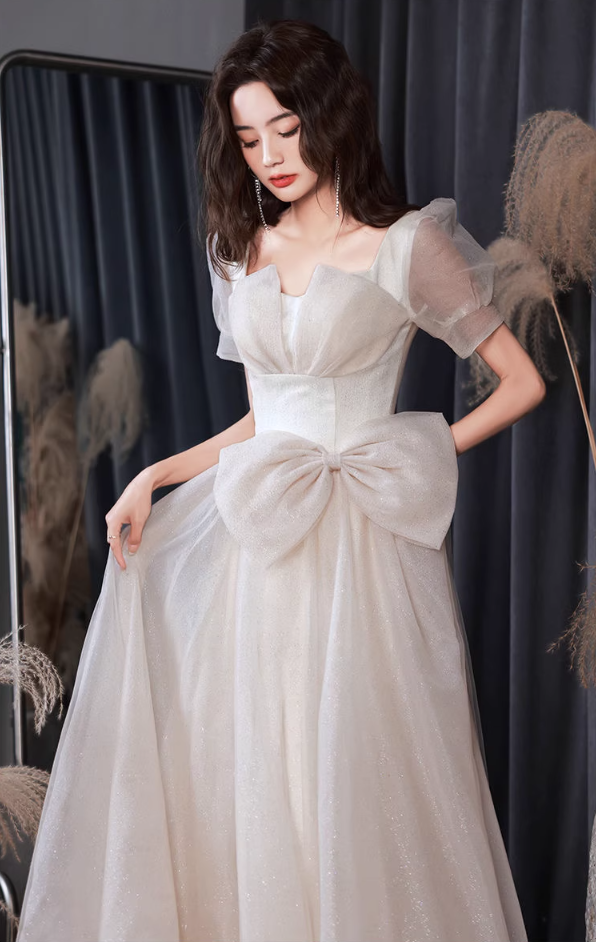 Luxury Cascade Tulle Hem Puff Mesh Sleeve Chic Sheen Fabric Bow-Knot Prom Long Dress AP0718