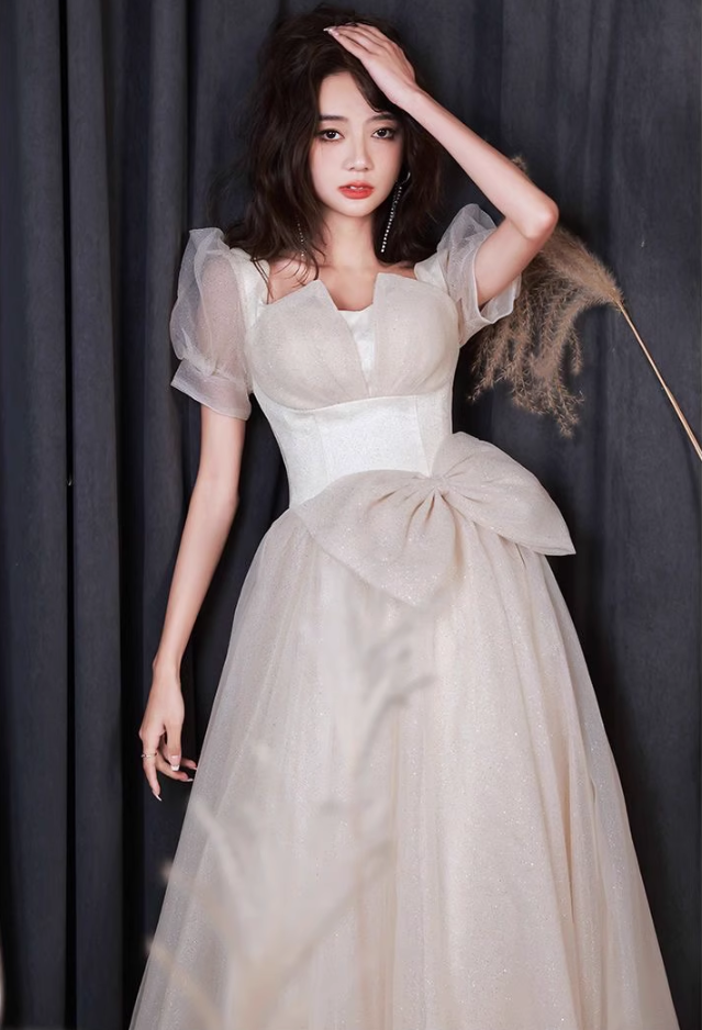 Luxury Cascade Tulle Hem Puff Mesh Sleeve Chic Sheen Fabric Bow-Knot Prom Long Dress AP0718
