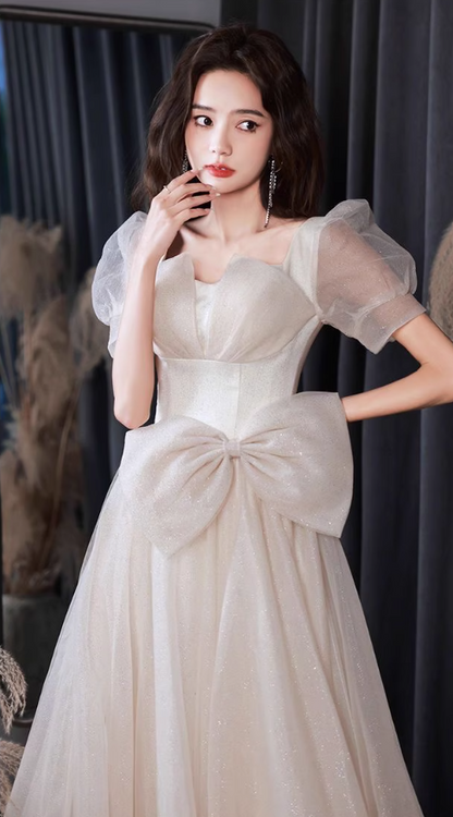 Luxury Cascade Tulle Hem Puff Mesh Sleeve Chic Sheen Fabric Bow-Knot Prom Long Dress AP0718