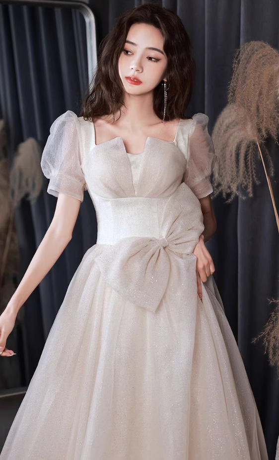 Luxury Cascade Tulle Hem Puff Mesh Sleeve Chic Sheen Fabric Bow-Knot Prom Long Dress AP0718