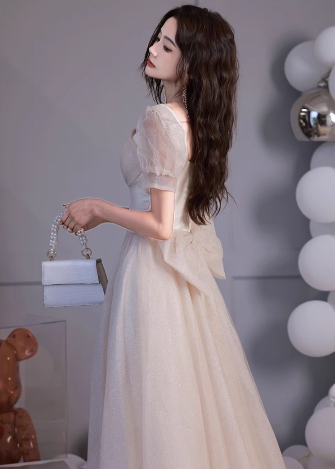 Luxury Cascade Tulle Hem Puff Mesh Sleeve Chic Sheen Fabric Bow-Knot Prom Long Dress AP0718