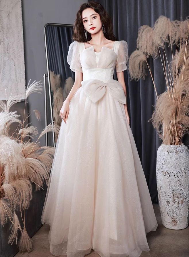 Luxury Cascade Tulle Hem Puff Mesh Sleeve Chic Sheen Fabric Bow-Knot Prom Long Dress AP0718