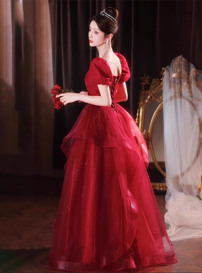 Chic Red Cascade Tulle Hem Luxury Applique Puff Sleeve Sparkle Sequins Prom Long Dress AP0719