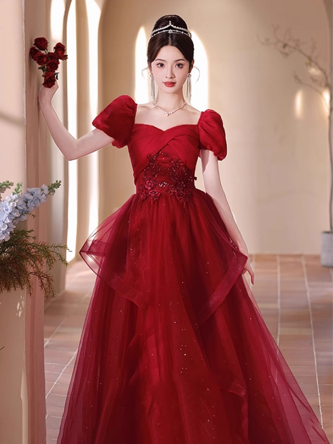 Chic Red Cascade Tulle Hem Luxury Applique Puff Sleeve Sparkle Sequins Prom Long Dress AP0719