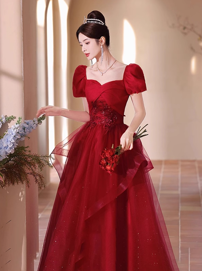 Chic Red Cascade Tulle Hem Luxury Applique Puff Sleeve Sparkle Sequins Prom Long Dress AP0719