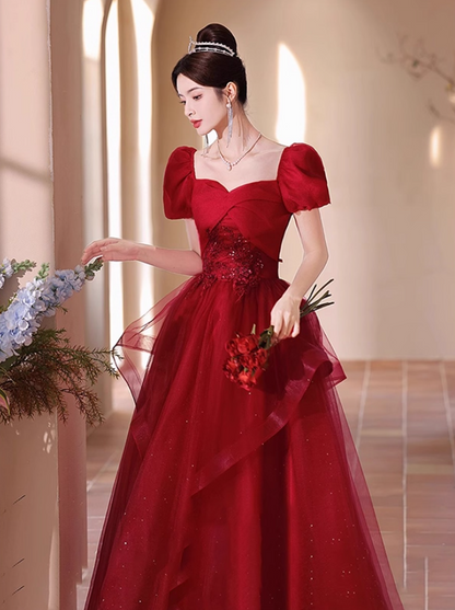 Chic Red Cascade Tulle Hem Luxury Applique Puff Sleeve Sparkle Sequins Prom Long Dress AP0719