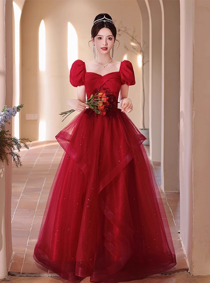 Chic Red Cascade Tulle Hem Luxury Applique Puff Sleeve Sparkle Sequins Prom Long Dress AP0719