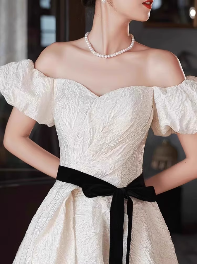 French Elegant Off-Shoulder Luxury Puff Sleeve Coming-of-Age Prom Long Dress AP0720