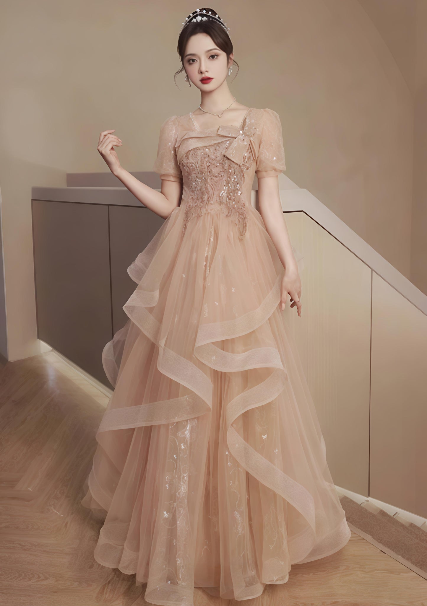 Chic Champagne Ruffles Tulle Hem Elegant Beading Puff Sleeve Lustrous Sequins Prom Long Dress AP0721