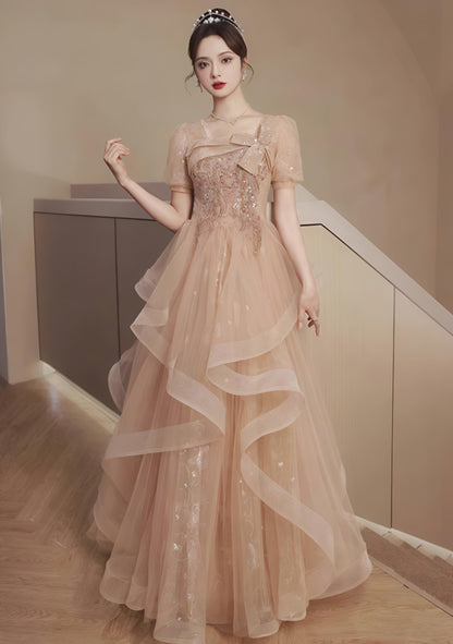 Chic Champagne Ruffles Tulle Hem Elegant Beading Puff Sleeve Lustrous Sequins Prom Long Dress AP0721