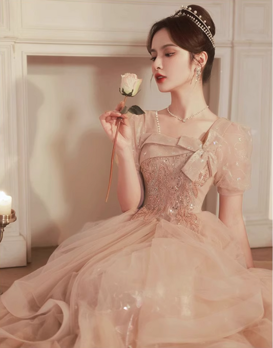 Chic Champagne Ruffles Tulle Hem Elegant Beading Puff Sleeve Lustrous Sequins Prom Long Dress AP0721